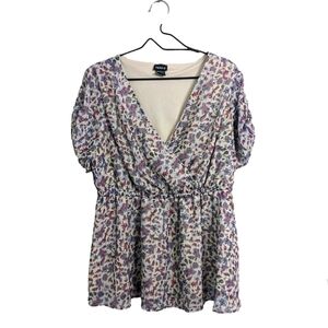 Torrid Blue Lilac Floral Print Chiffon Top Blouse V-Neck Short Sleeve Lined 1X